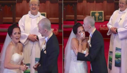 A menyasszony azt hiszi vége az esküvőnek de a vőlegény hátra mutat mert be kell vallania valamit…Nem tudta visszatartani könnyeit, mikor meghallotta őket