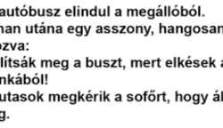 Vicc: Az autóbusz elindul a megállóból. Rohan utána egy asszony, hangosan kiáltozva: