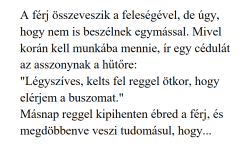 Vicc:A férj összeveszik a feleségével, de úgy, hogy nem is beszélnek egymással…..